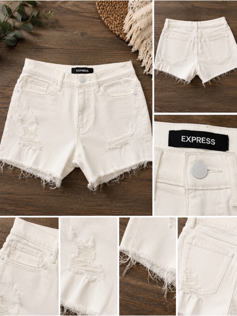 Express White Distressed Frayed Bermuda Denim Shorts